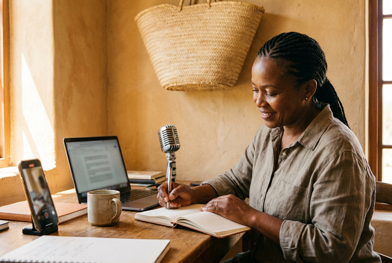Independent journalist writing at her home-office desk, laptop and microphone beside her