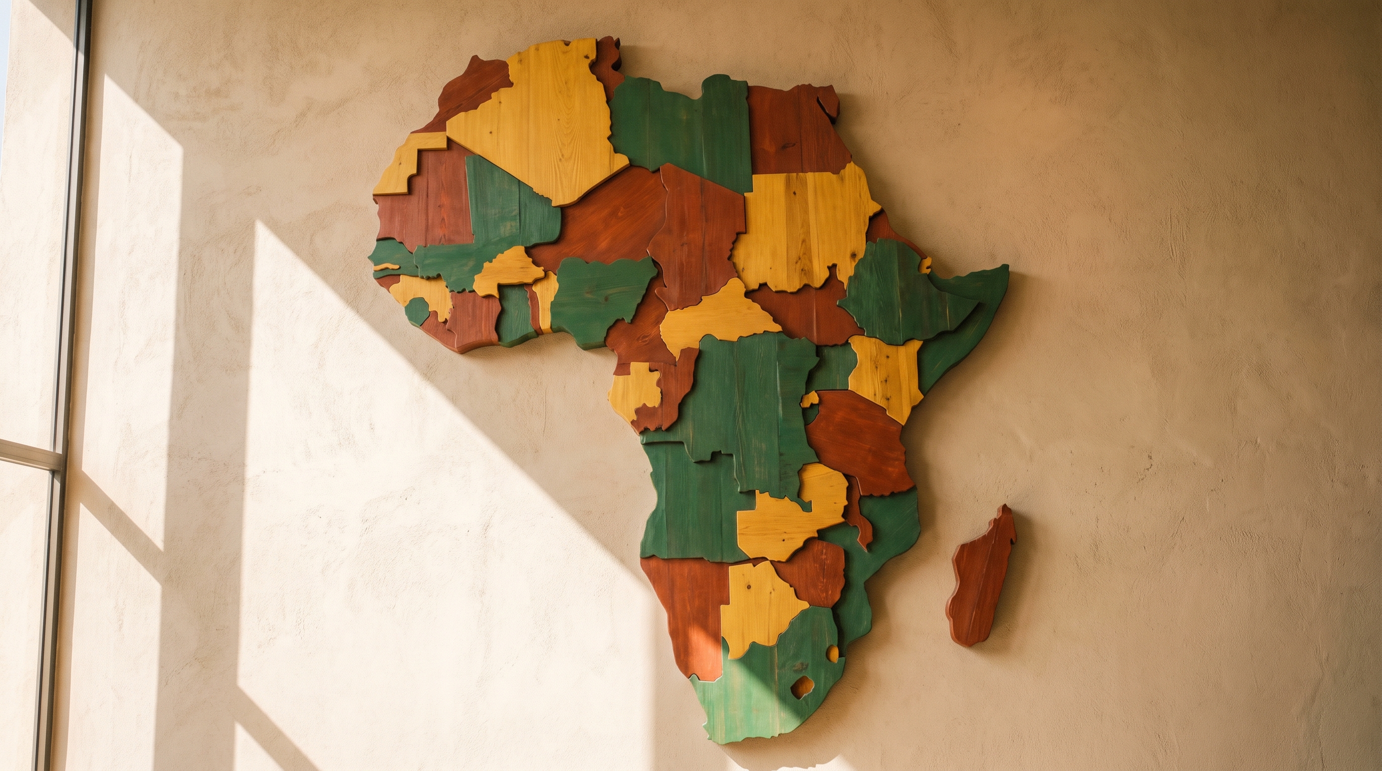 Handcrafted wooden relief map of Africa — every country a painted block in ochre, rust and green.