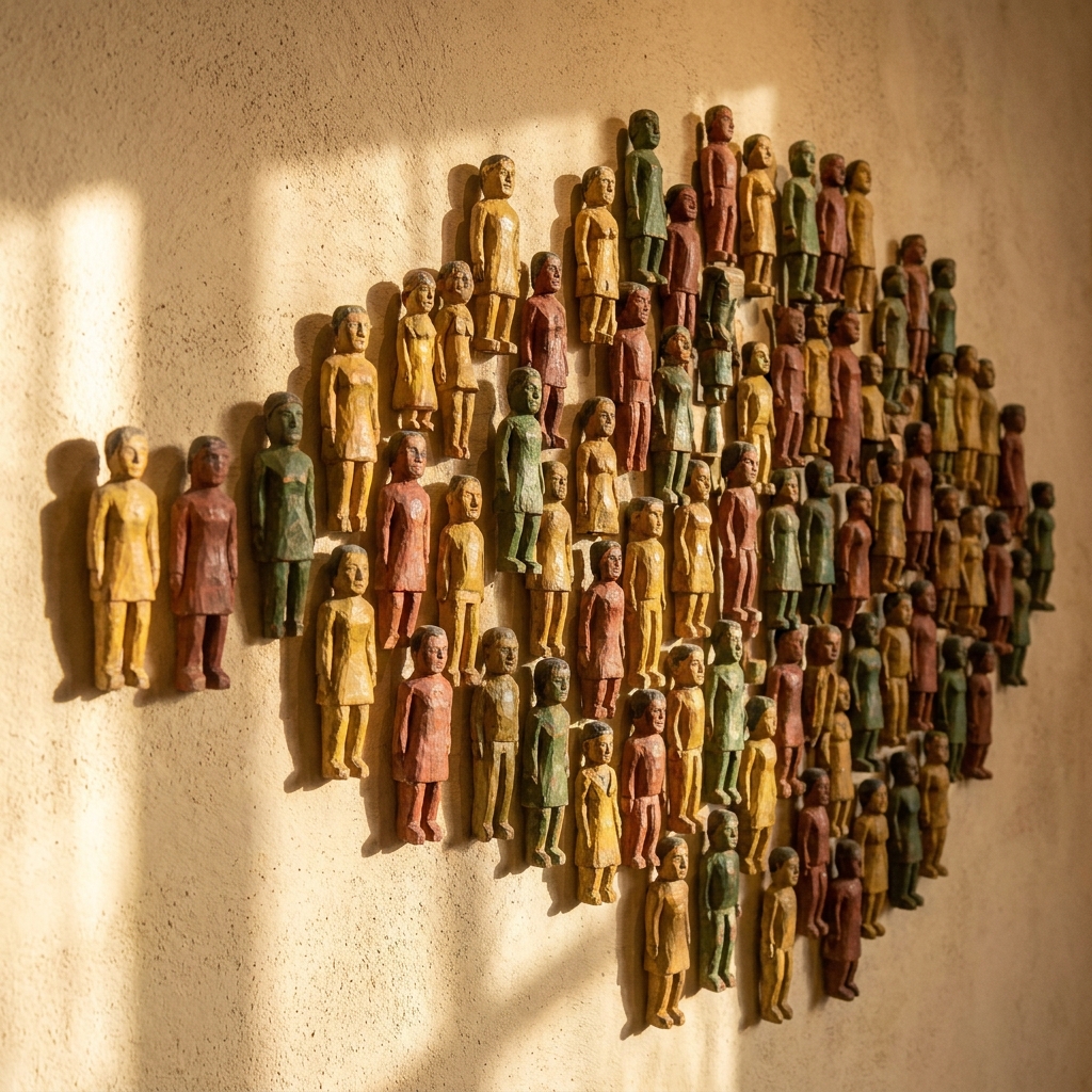 Carved wooden figurines gathered like a growing audience