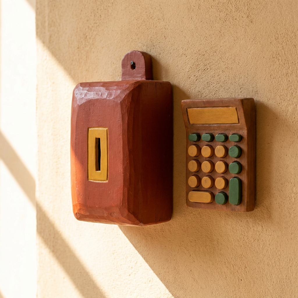 Hand-carved wooden money box and calculator painted in ochre and rust