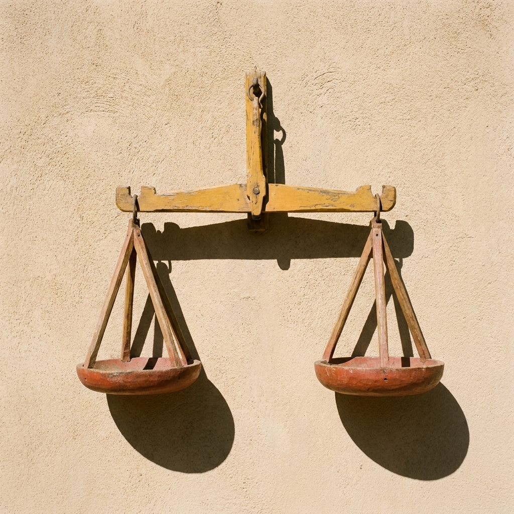 Hand-carved wooden balance scales, beam in ochre and pans in rust