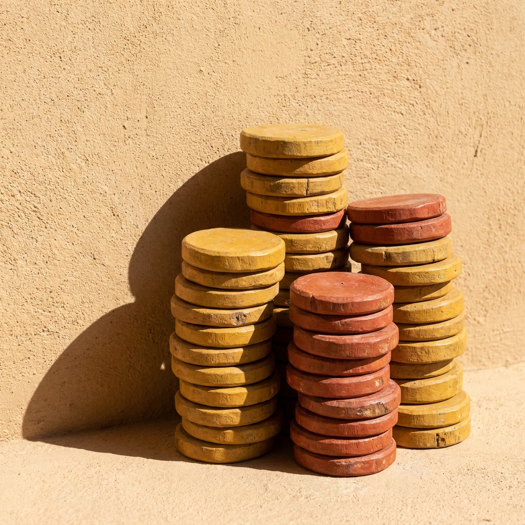 Stacks of hand-carved wooden coins