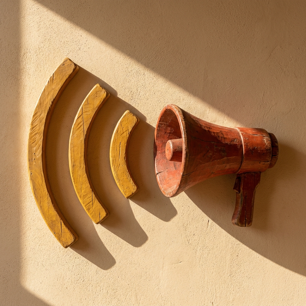 Carved wooden megaphone with sound arcs